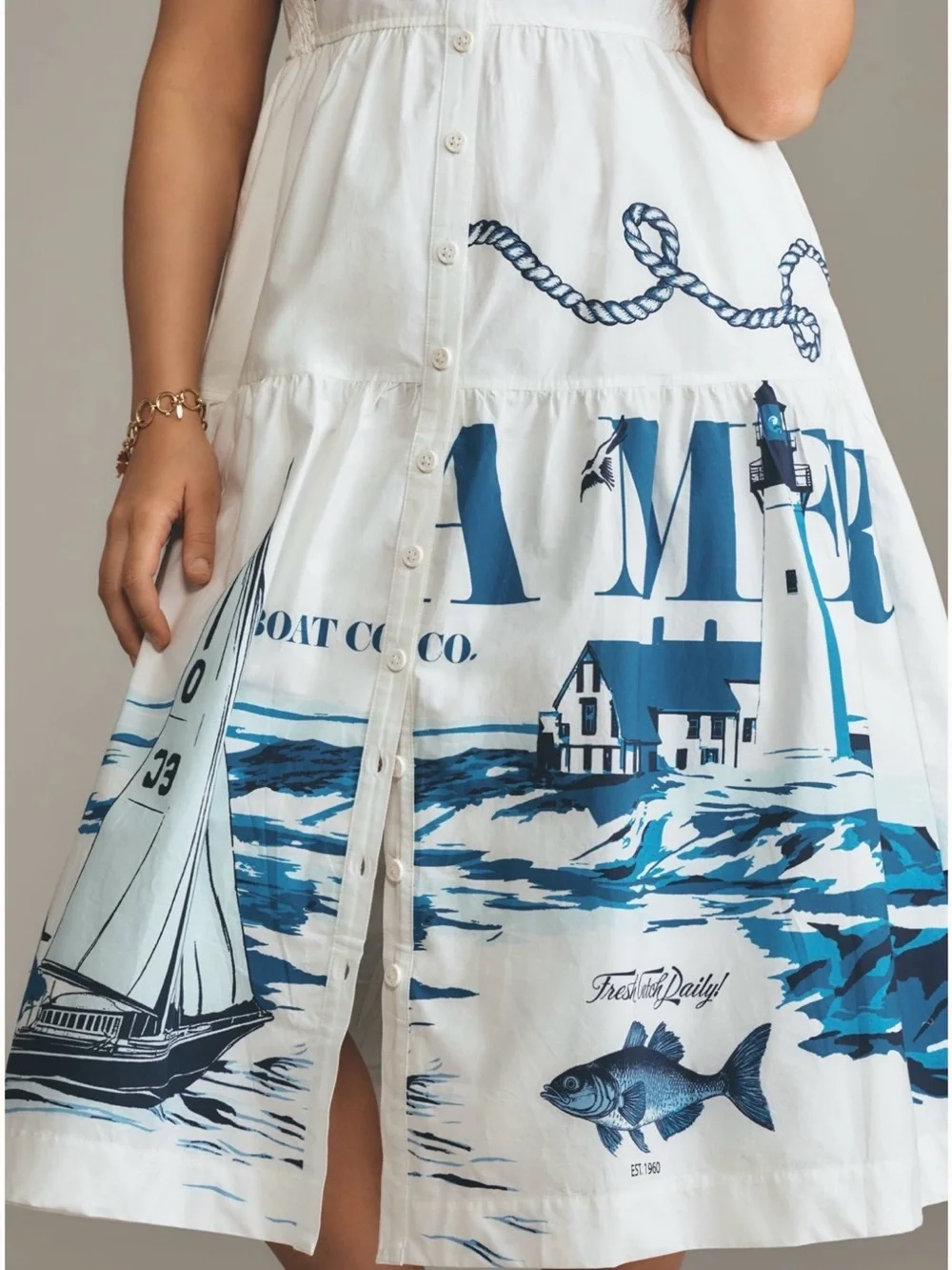 Maeve White & Navy Nautical Button-Front Midi Dress - Picture 2 of 13